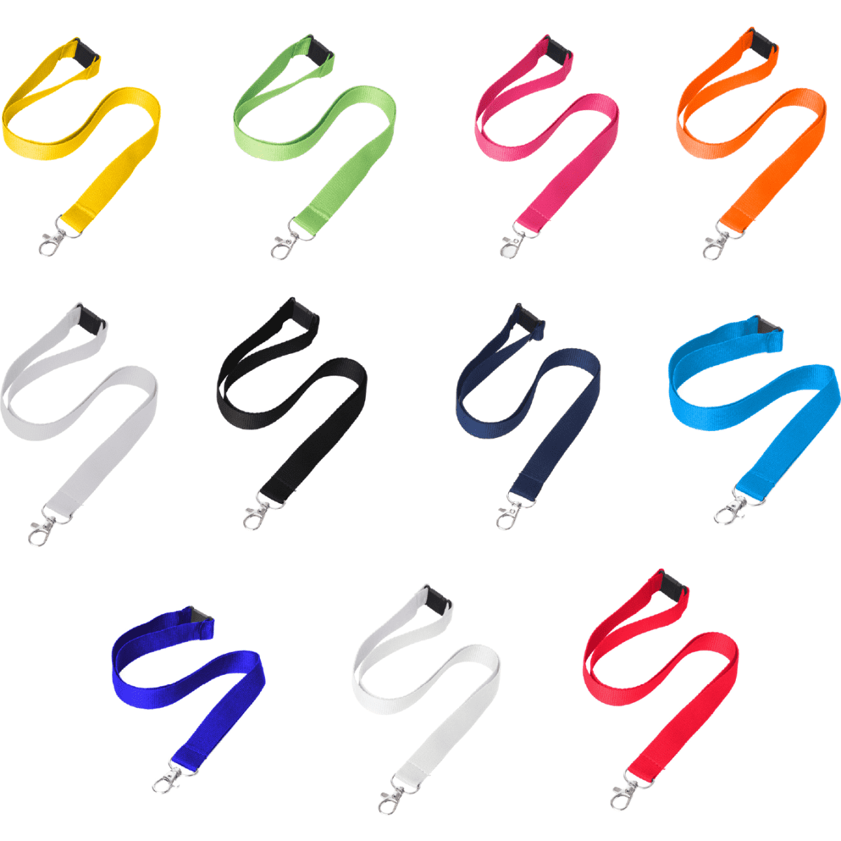 A collection of 12 flat ribbed lanyards in various colours including yellow, green, pink, and blue, each with a clip.