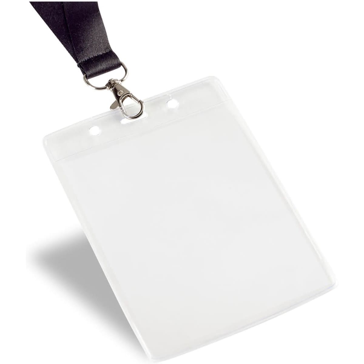 A clear PVC pocket portrait with a black strap, designed for holding identification badges.