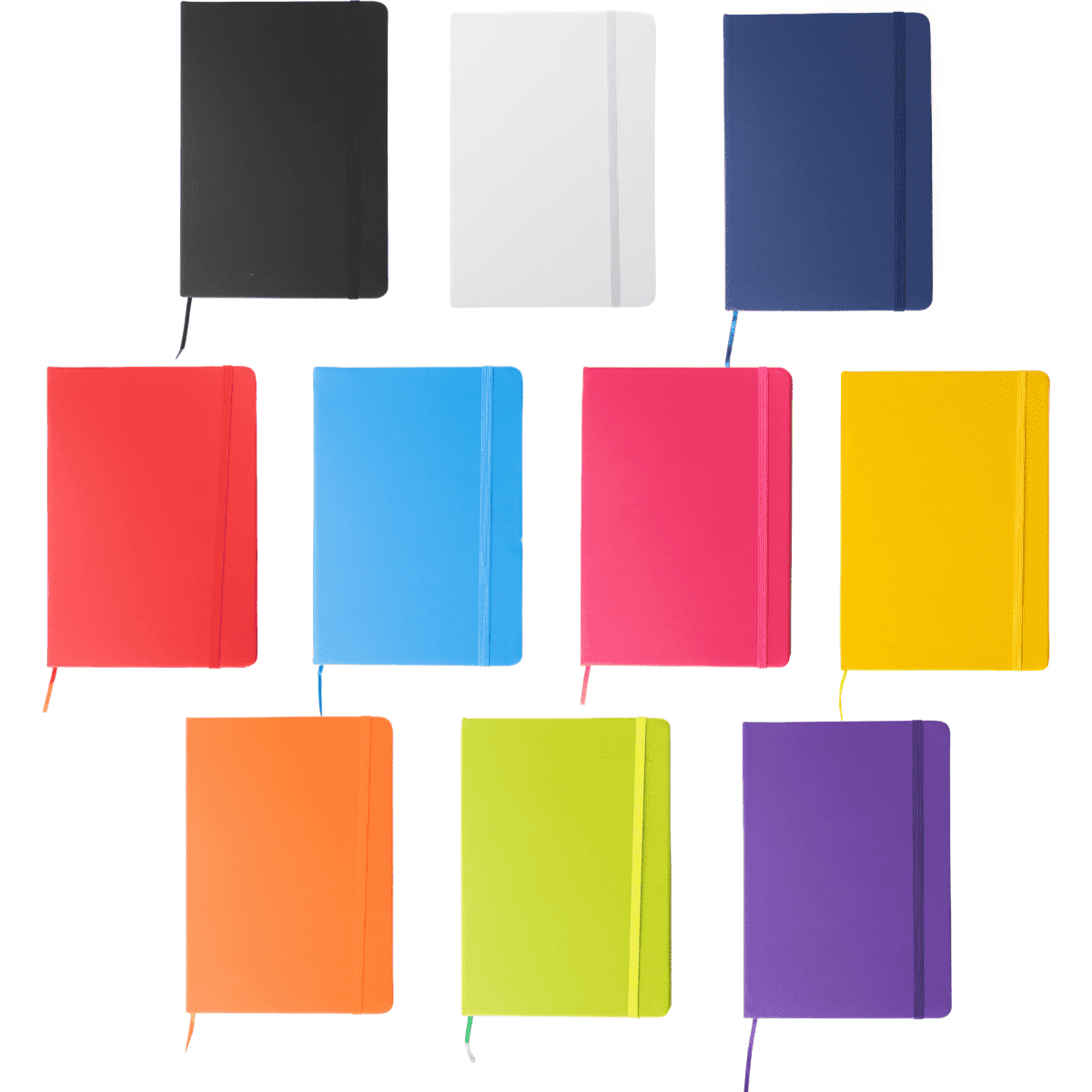 A selection of A5 notebooks in various colours including black, white, blue, pink, yellow, and green, featuring elastic closures.