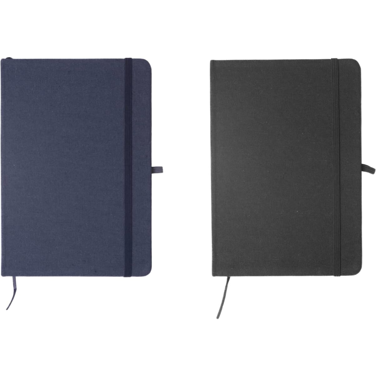 A fabric-covered A5 notebook in navy blue and black, featuring an elastic band closure and ribbon bookmark.