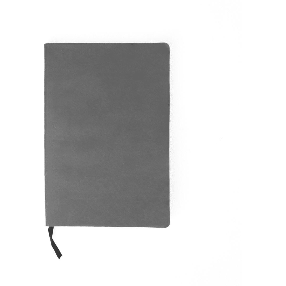A grey notebook with a soft smooth PU cover and a black ribbon bookmark, featuring a logo on the front.