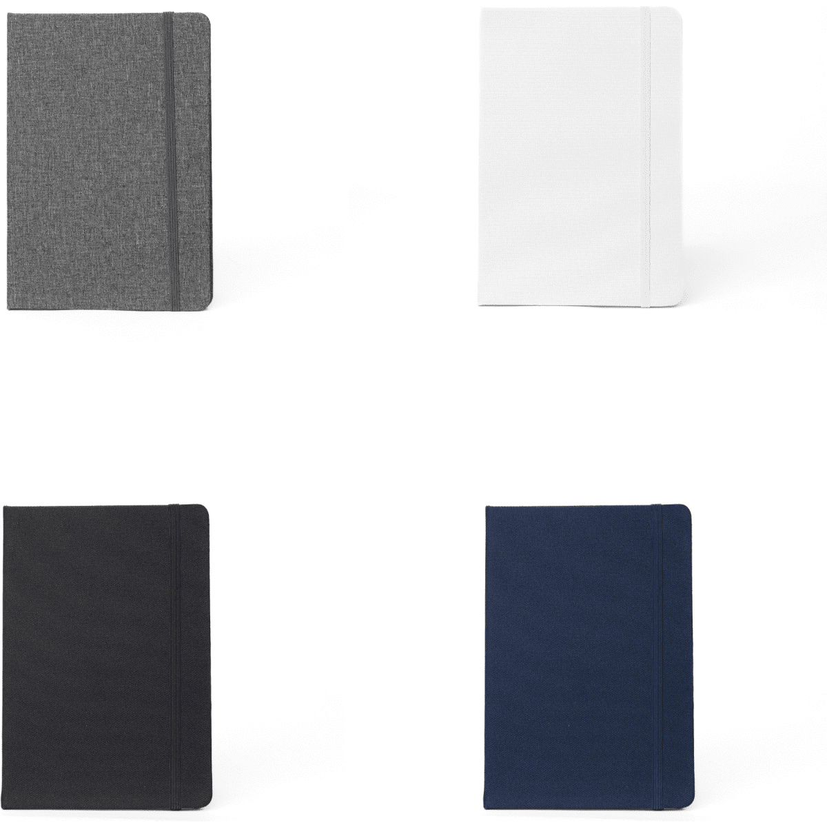 A collection of four RPET notebooks in grey, white, black, and navy, featuring a logo on the front cover.