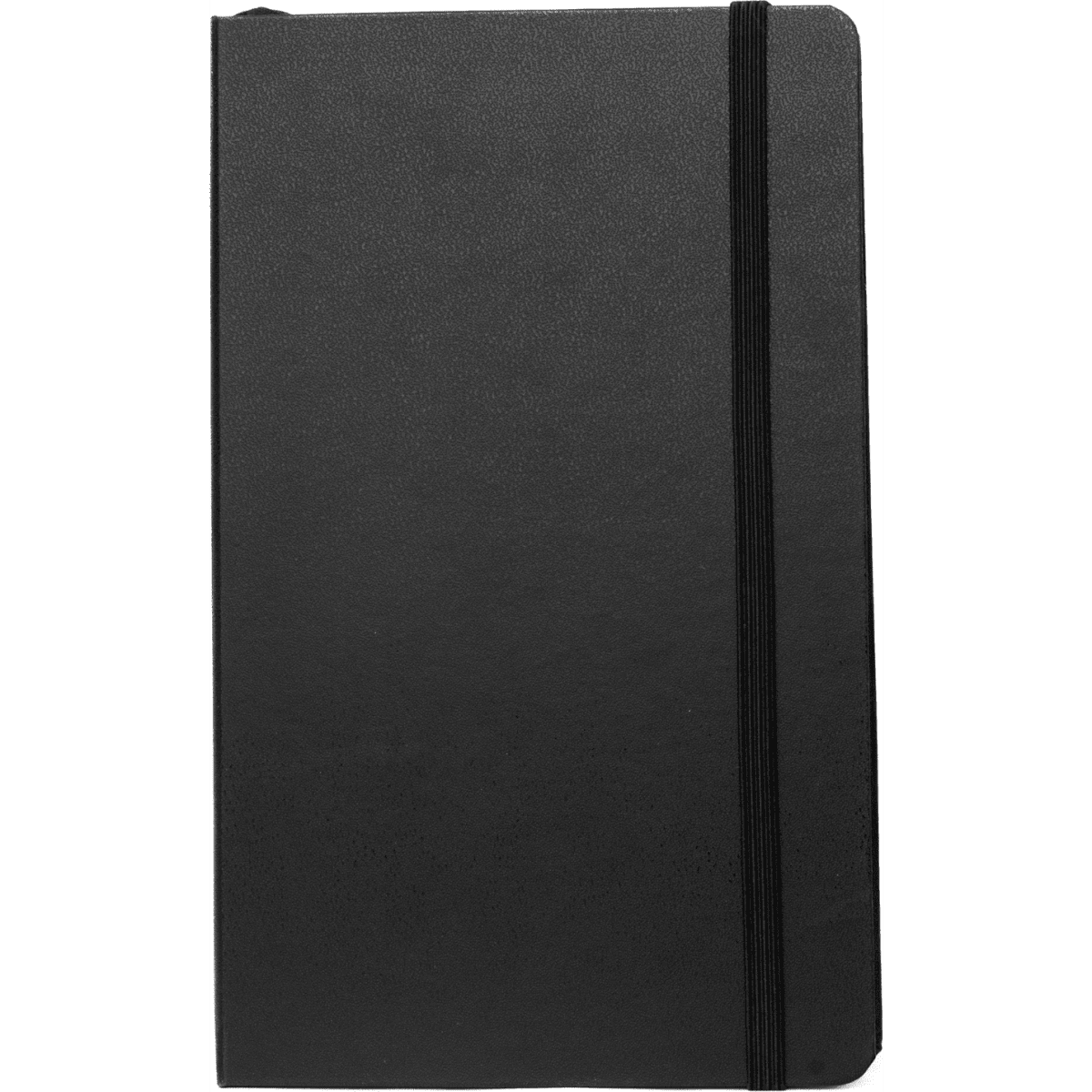 A5 premium hard cover notebook in black with an elastic band closure and a logo on the front.