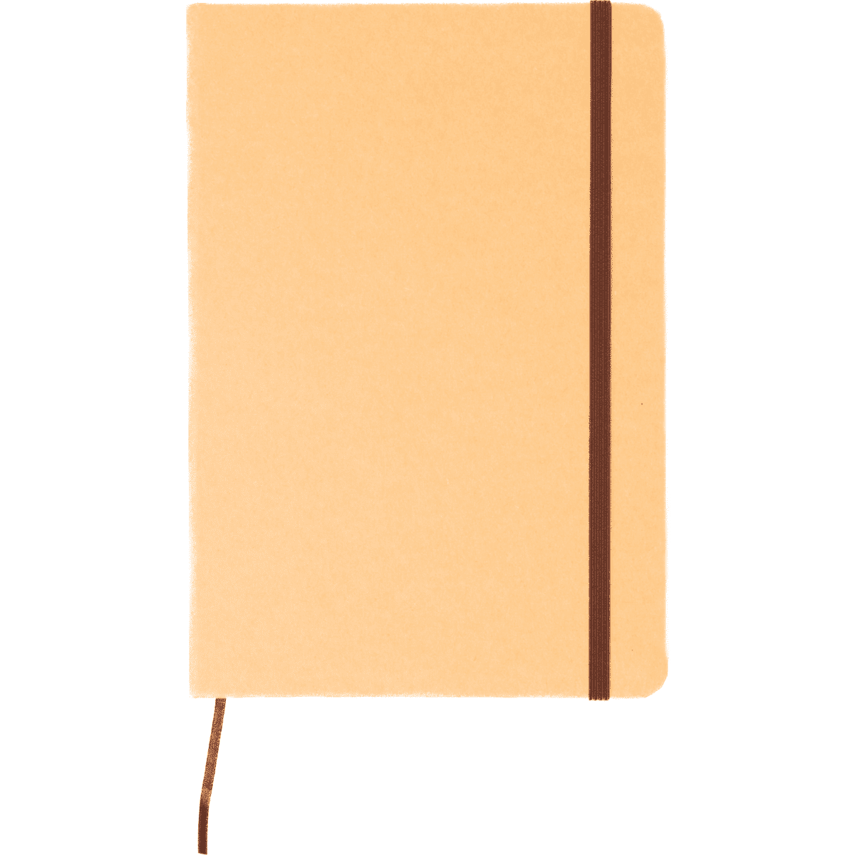 A recycled notebook with a brown elastic closure and a soft, beige cover. It has a logo on the front.