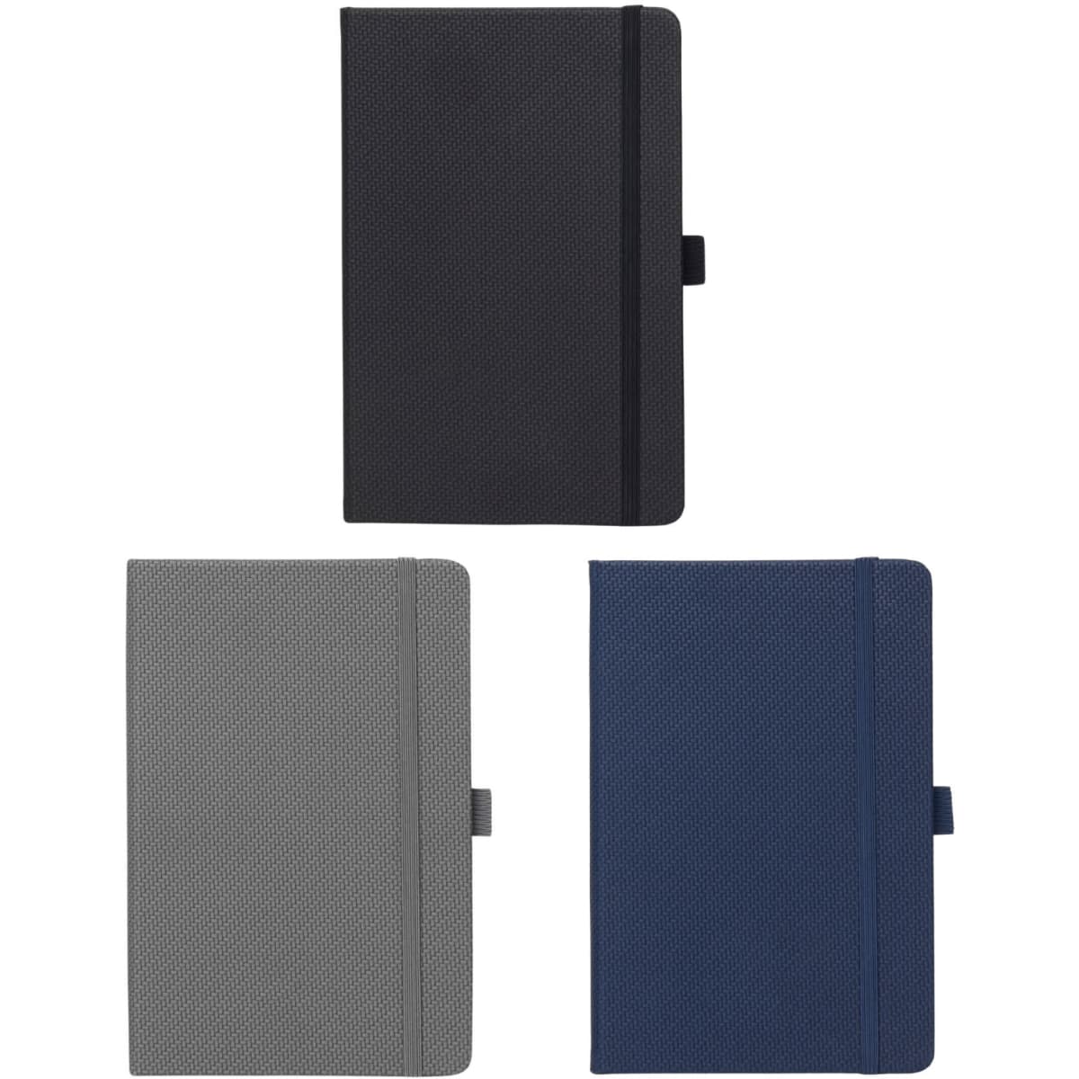 A5 Carbon Notebook in black, grey, and navy, featuring a textured cover and an elastic band closure.