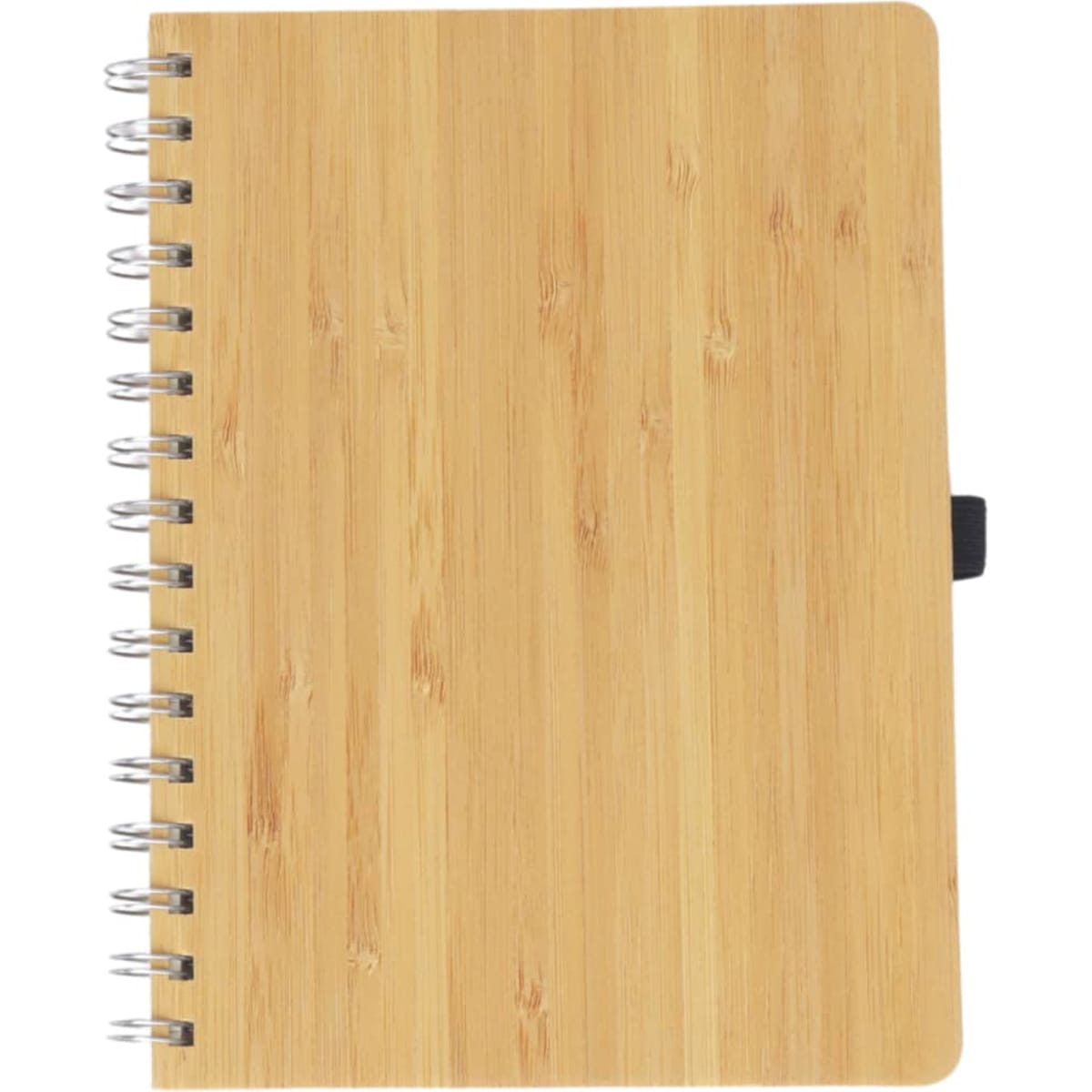 A bamboo notebook featuring a wooden texture, spiral binding, and a secure closure in a natural light brown colour.
