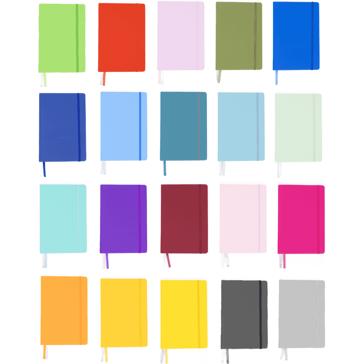 A collection of A5 notebooks in various colours including green, red, purple, blue, and yellow, featuring elastic closures.