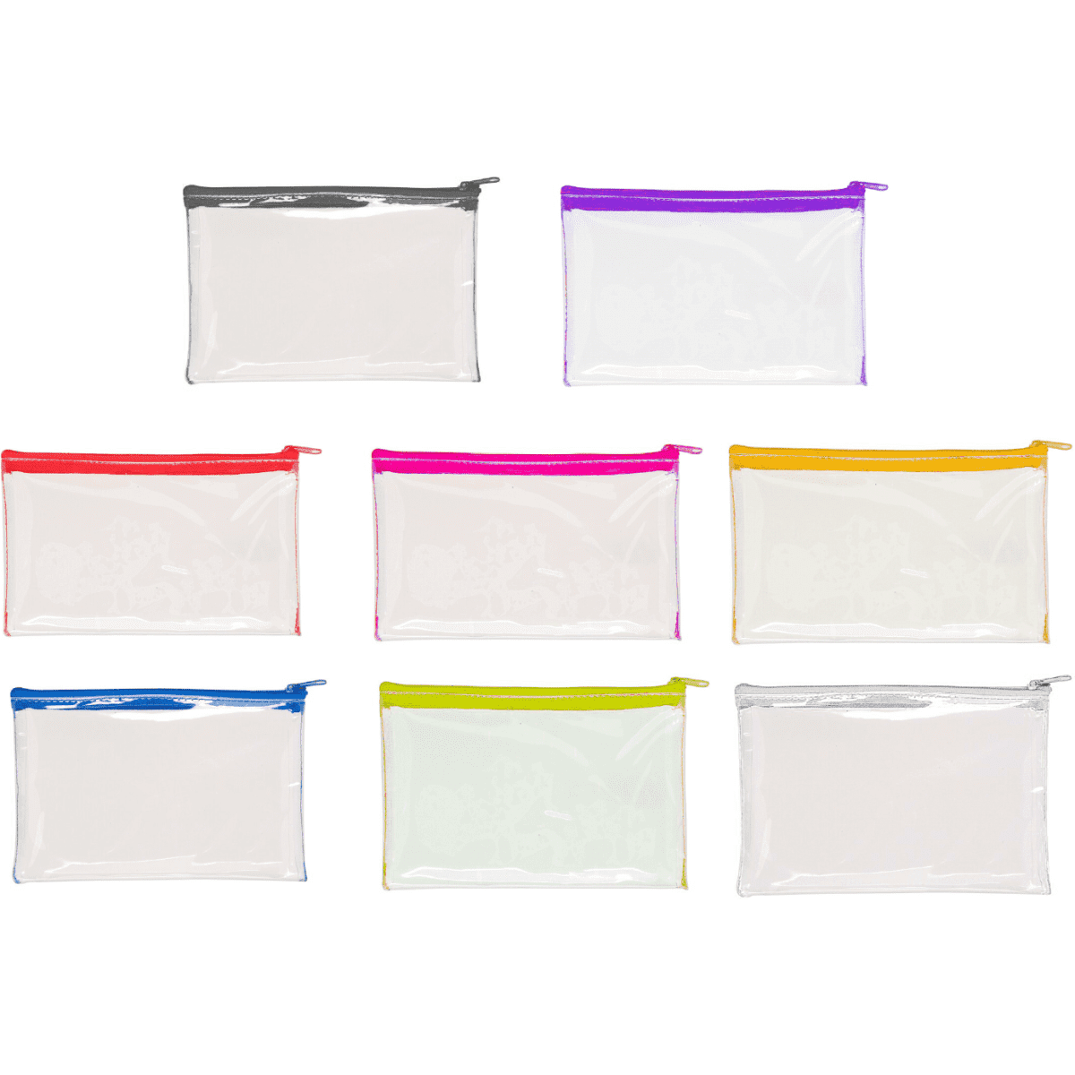 A collection of clear PVC pencil cases in various colours: red, purple, pink, yellow, green, and silver.