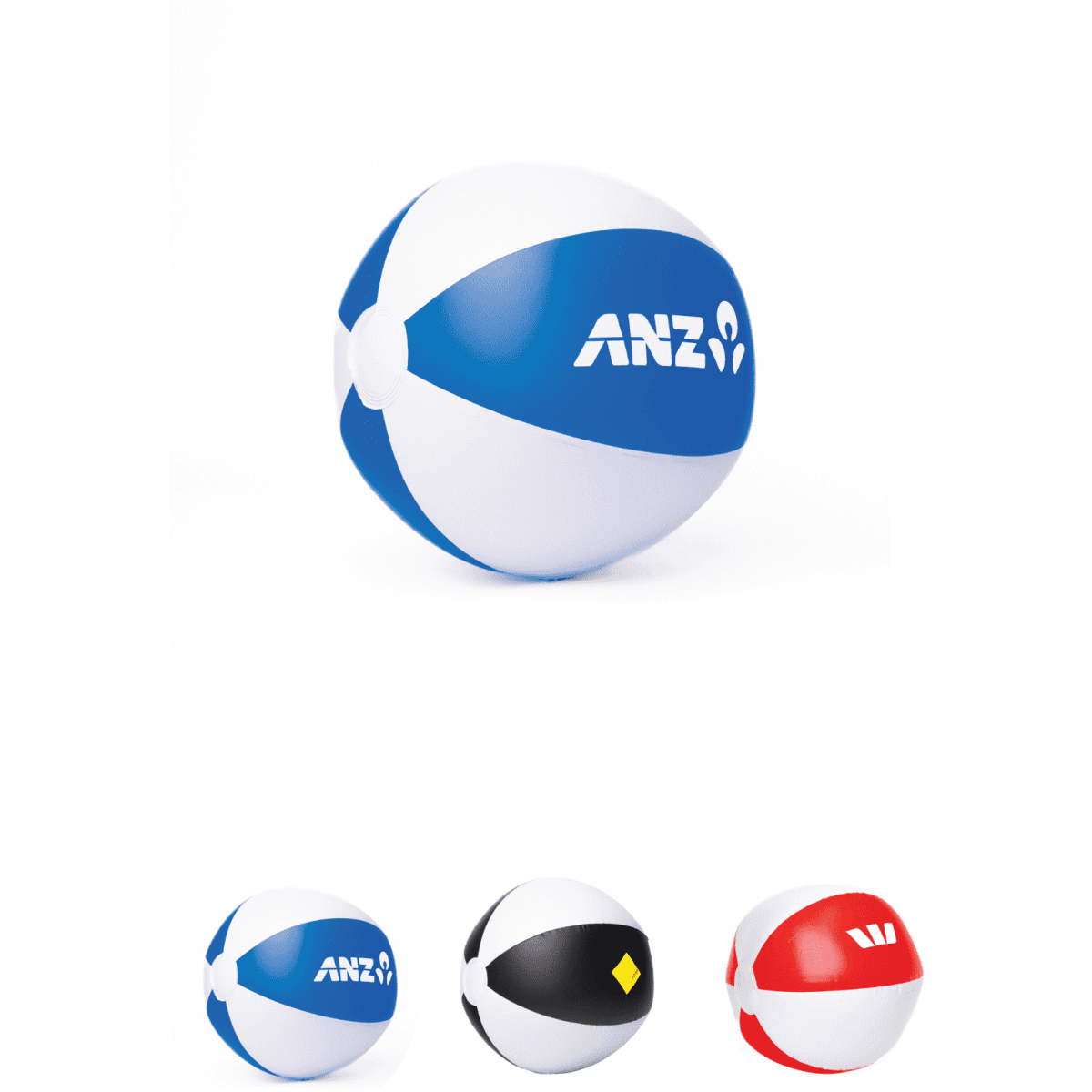 A beach ball, 30cm in size, featuring blue, white, and red panels, with a logo displayed on it.
