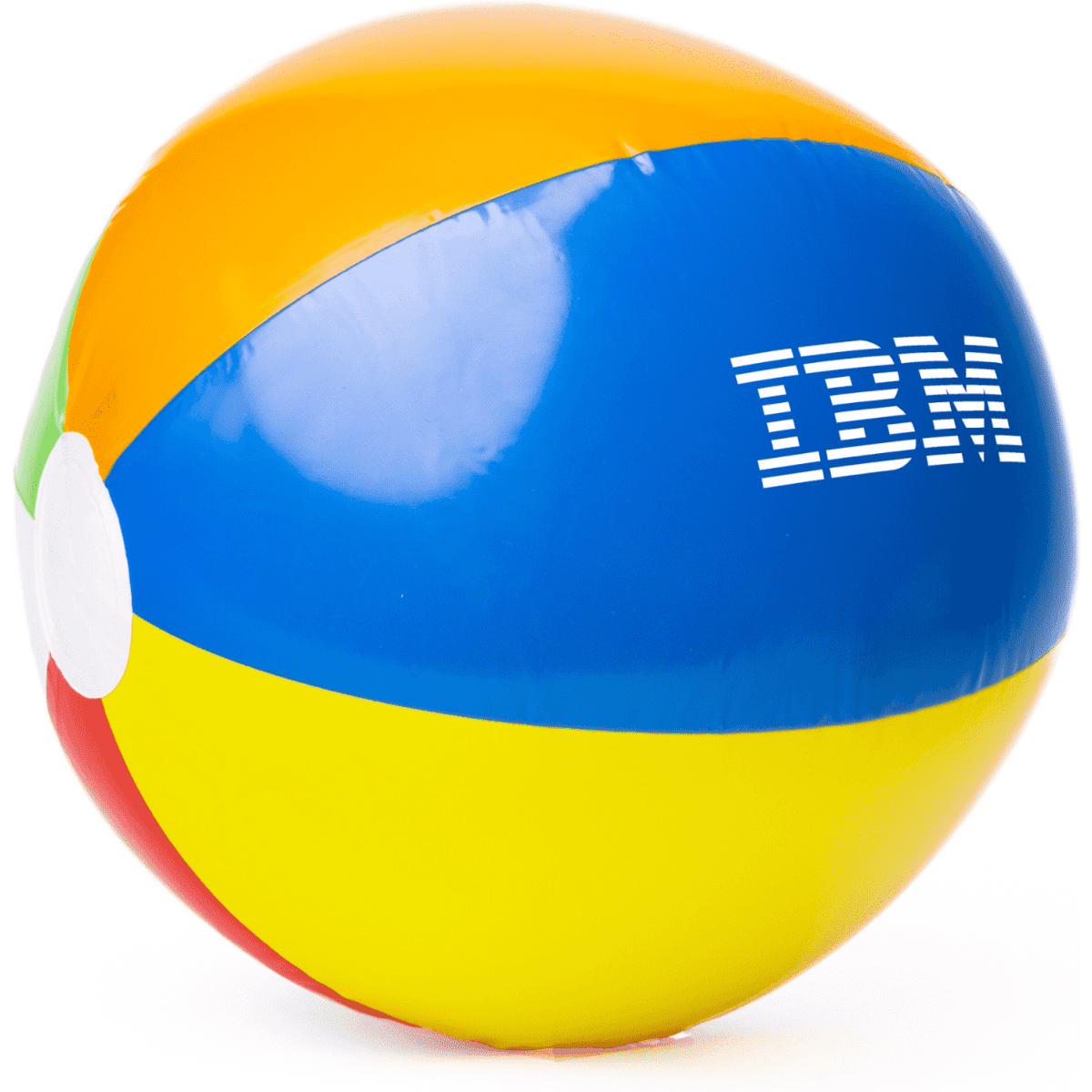 A multi-colour beach ball featuring yellow, blue, red, and green sections, with a logo on one side.