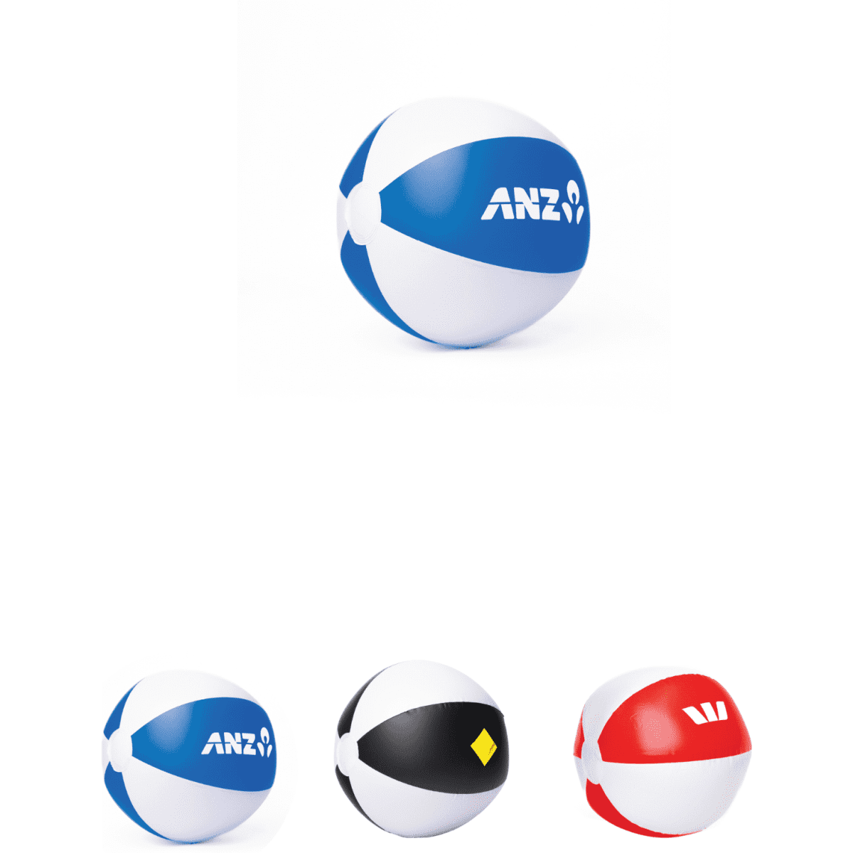 Beach balls in various colours: blue and white, yellow and black, and red and white, each featuring a logo.