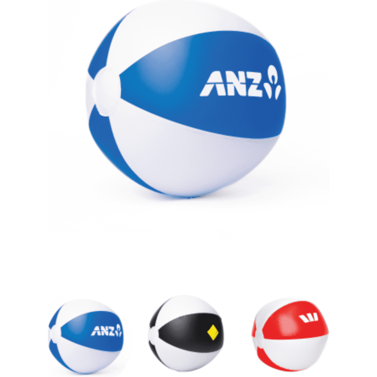 A beach ball with blue, white, and red sections, featuring a logo. Also shown are two additional beach balls in different colours.
