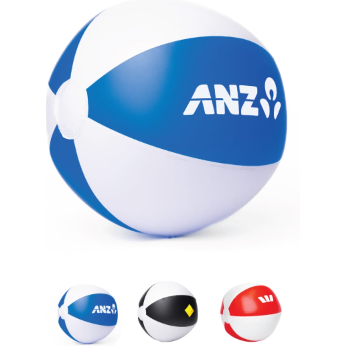 A beach ball featuring blue and white panels, with a logo on it. Other beach ball variations are shown below.