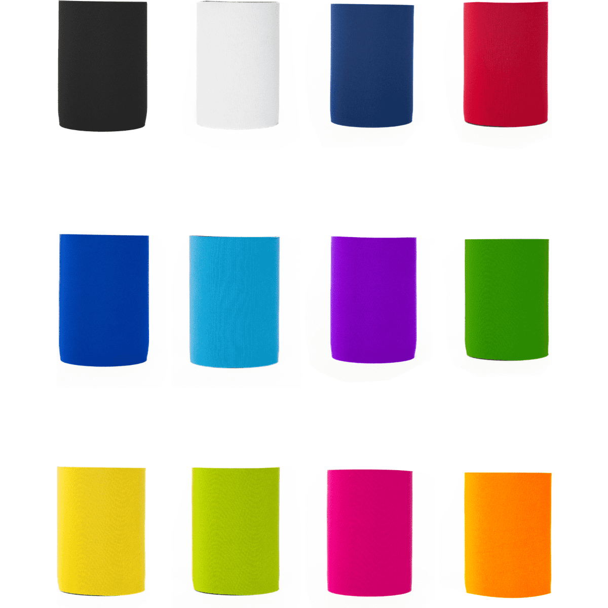 A collection of neoprene stubby coolers in various colours including black, white, blue, red, turquoise, purple, green, yellow, pink, and orange, featuring logos.