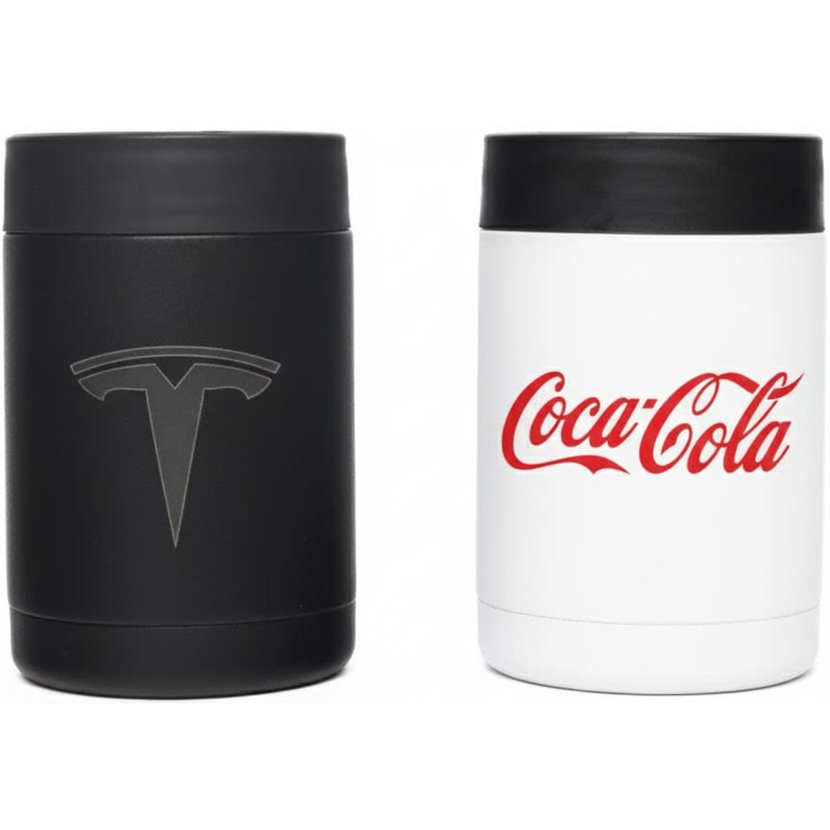 A stainless steel stubby holder in black and white featuring a logo on the black holder and branding on the white holder.