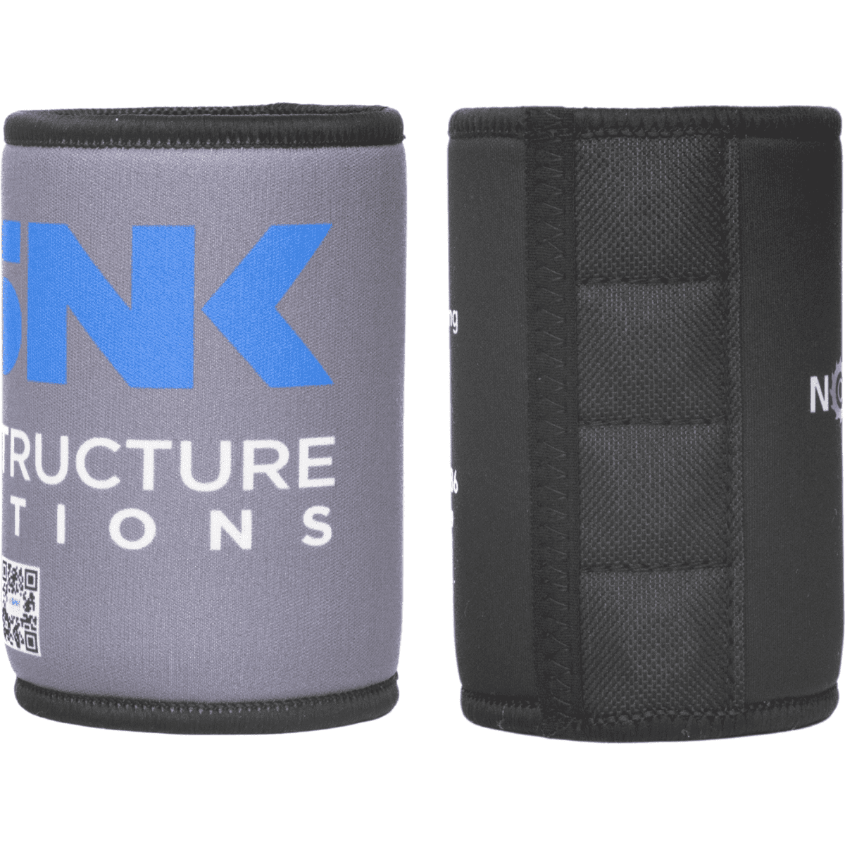 A stubby holder in grey and black, featuring a logo. Designed for keeping drinks cool.