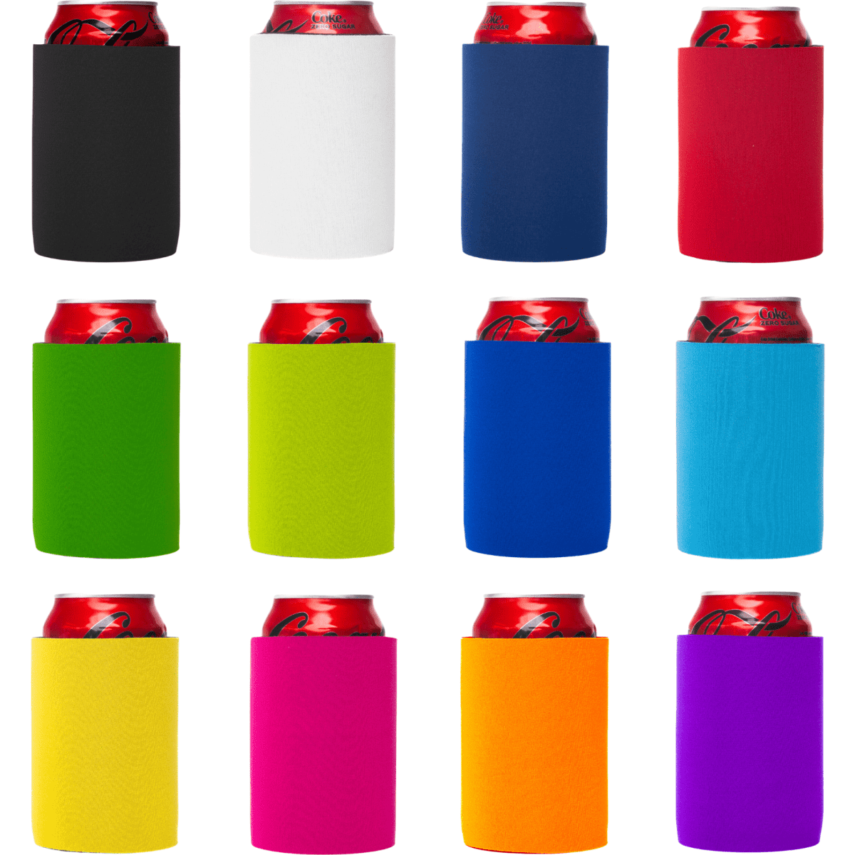 A collection of stubby coolers in black, white, blue, red, green, yellow, light blue, orange, and purple, each with a drink can.