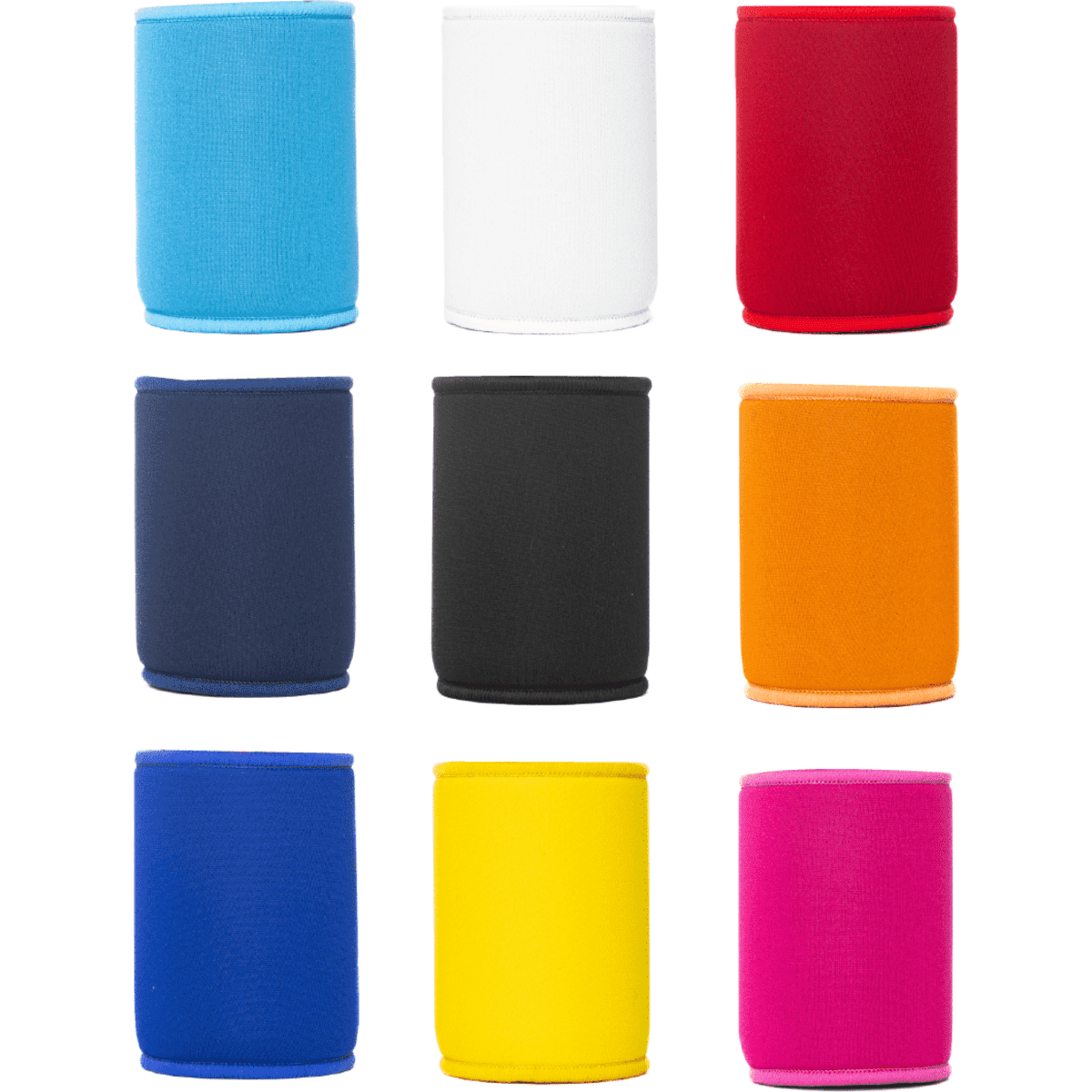 A collection of nine neoprene stubby coolers in various colours: blue, white, red, navy, black, orange, yellow, and pink. Each cooler has a logo.