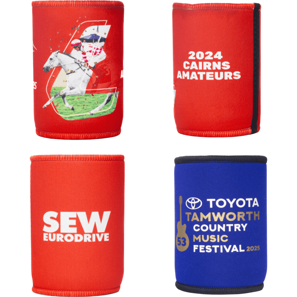 Four stubby holders in red and blue with graphic designs and logos. Each holder features a different design.