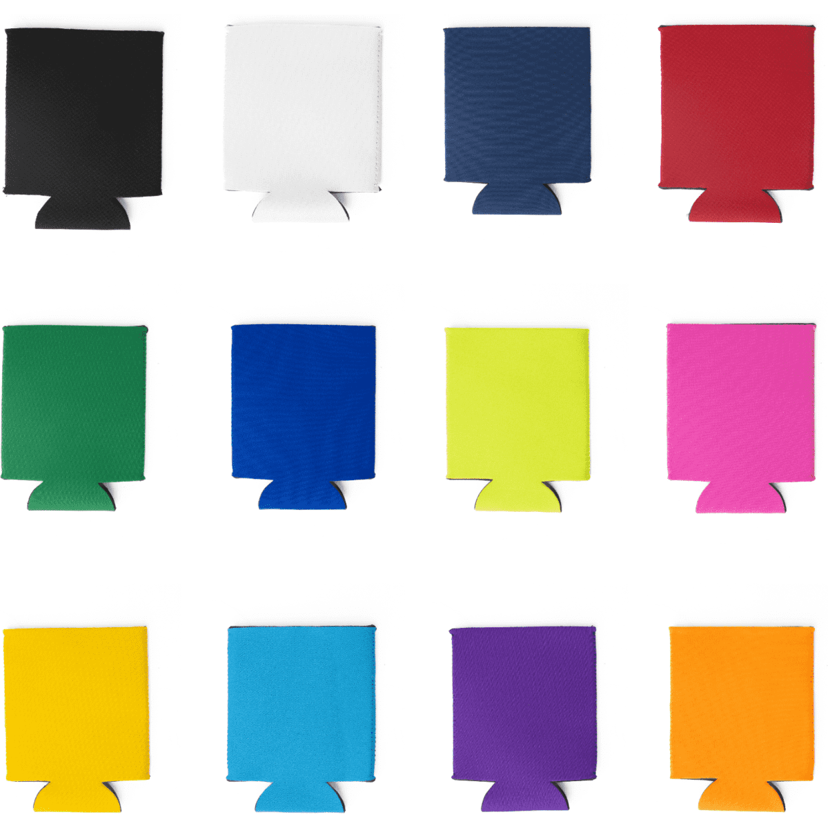 A collection of neoprene stubby coolers in various colours including black, white, red, green, blue, yellow, pink, and purple.