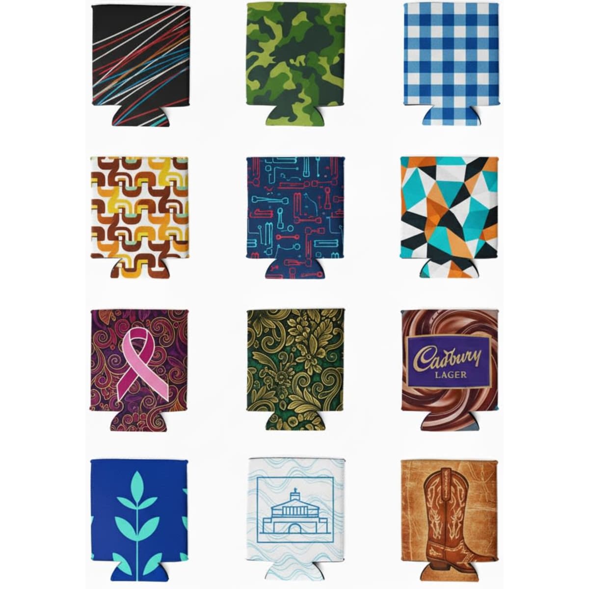 A collection of twelve colourful collapsible sublimation stubby coolers featuring various patterns and designs.