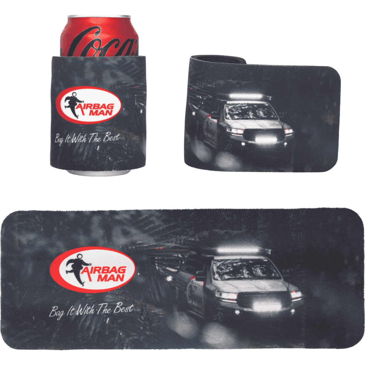 A drink bottle cooler in black featuring a logo, with a can and two stubby holder variations.