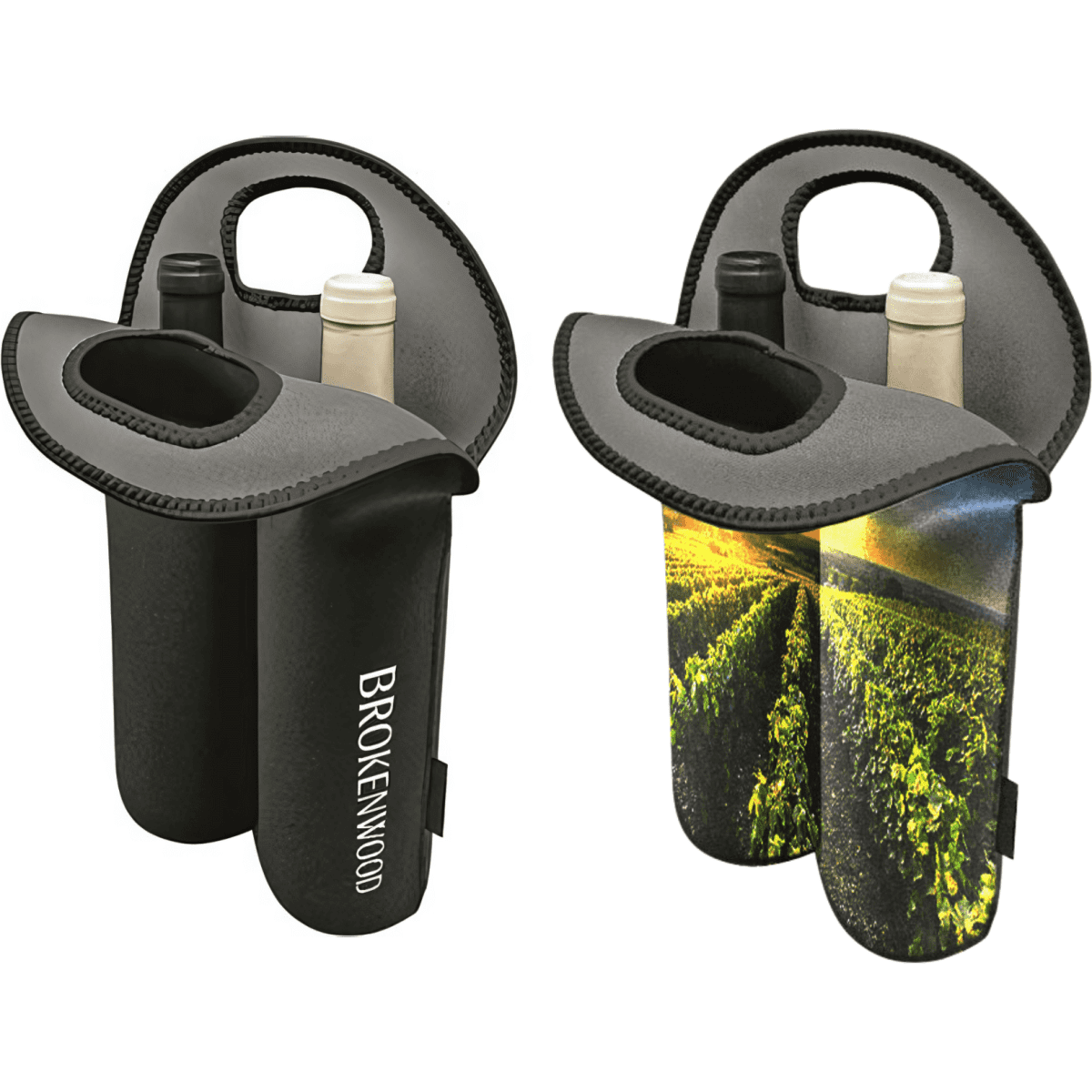 A drink bottle holder in black neoprene, designed for two wine bottles, with a scenic wine vineyard print on one side.