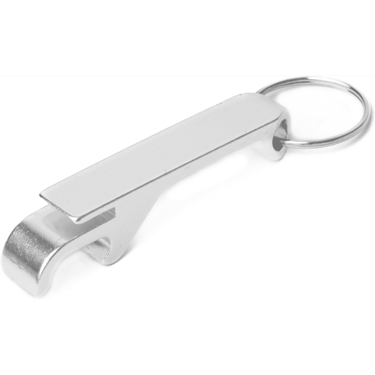 A drink bottle opener in shiny silver metal, featuring a keyring attachment and a sleek, minimalist design.