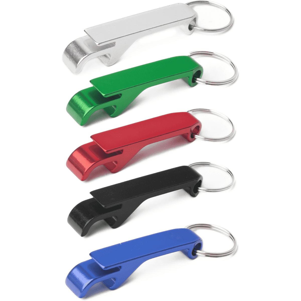 A drink bottle opener keyring in silver, green, red, black, and blue, featuring a logo on each piece.
