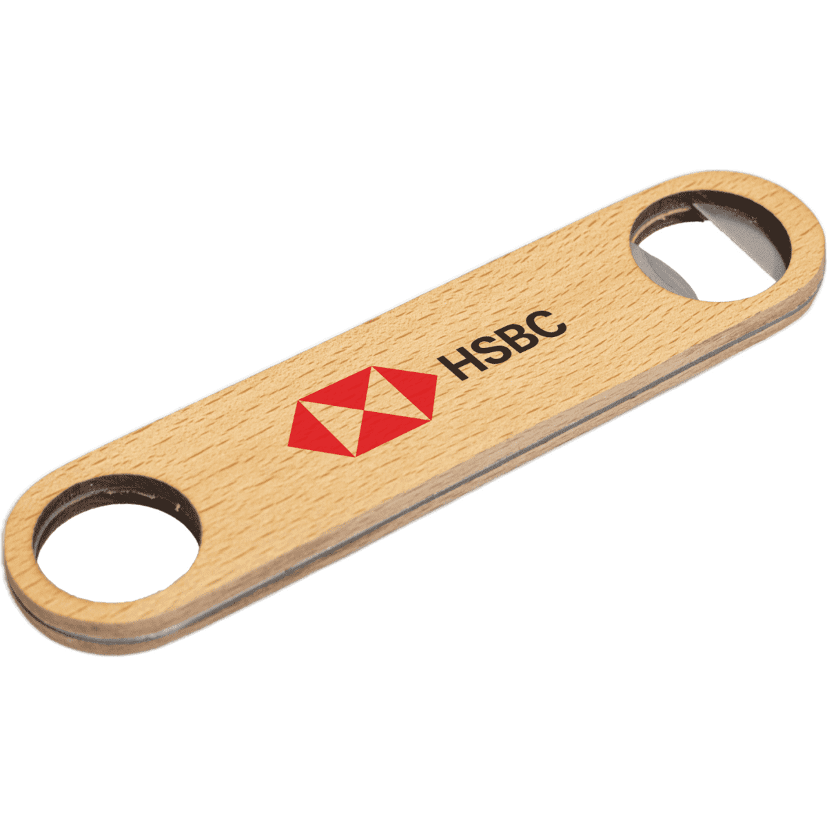 A drink bottle opener made of bamboo with a metal opening, featuring a logo on one side.