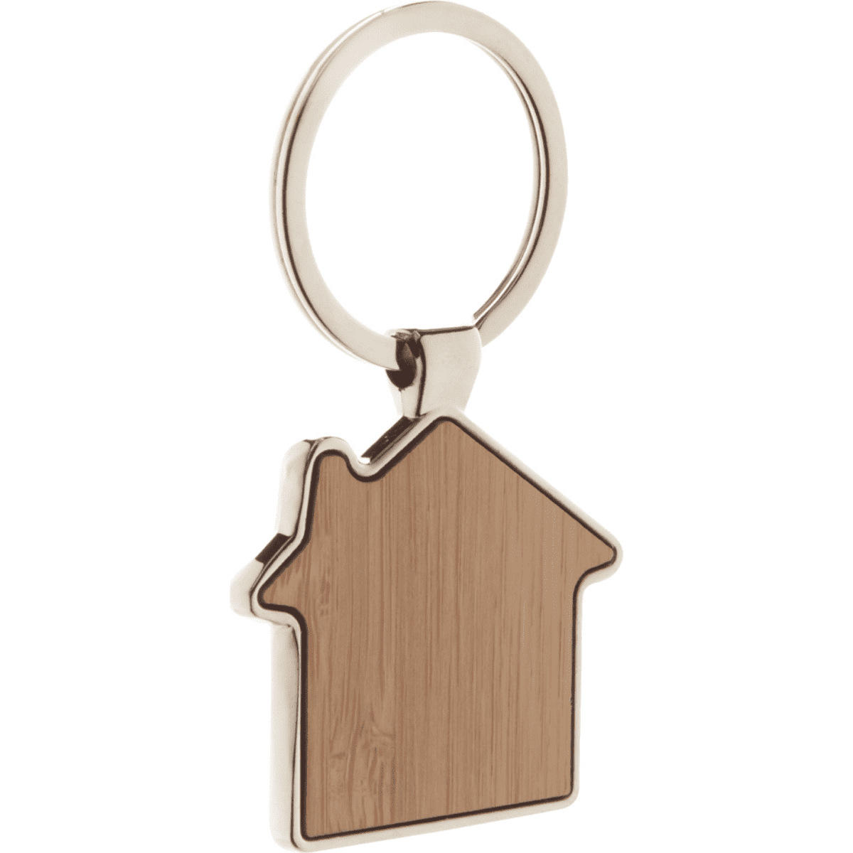 A bamboo keyring in the shape of a house, featuring a metal ring and a natural wood finish.
