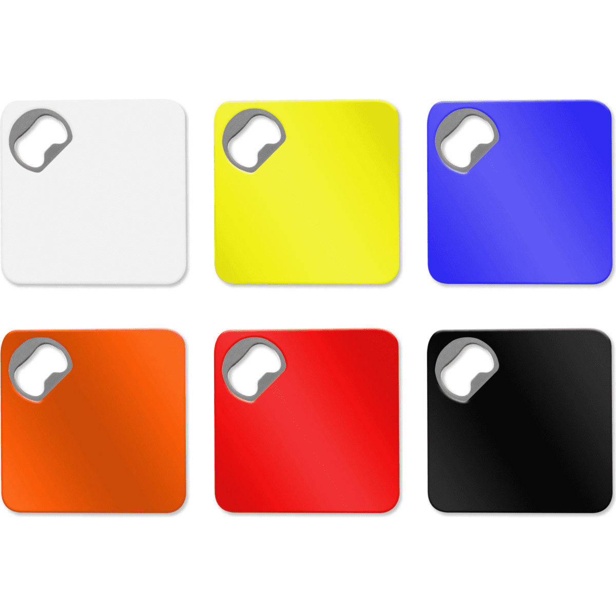 Square coasters in white, yellow, blue, orange, red, and black, each featuring a bottle opener in one corner.