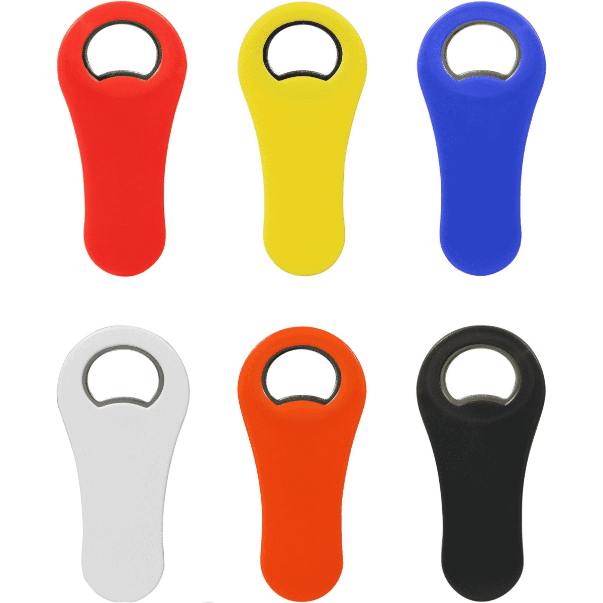A drink bottle opener in paddle shape, available in red, yellow, blue, white, orange, and black, with a logo.