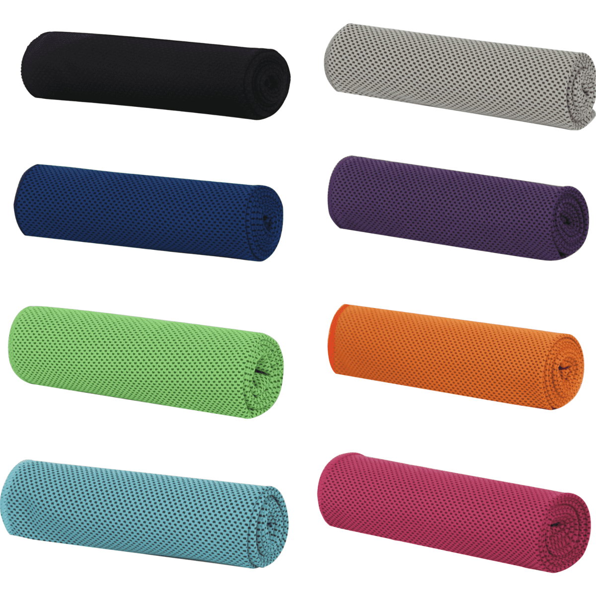 A collection of large cooling towels in black, grey, blue, purple, green, orange, and pink. Some have a textured finish.