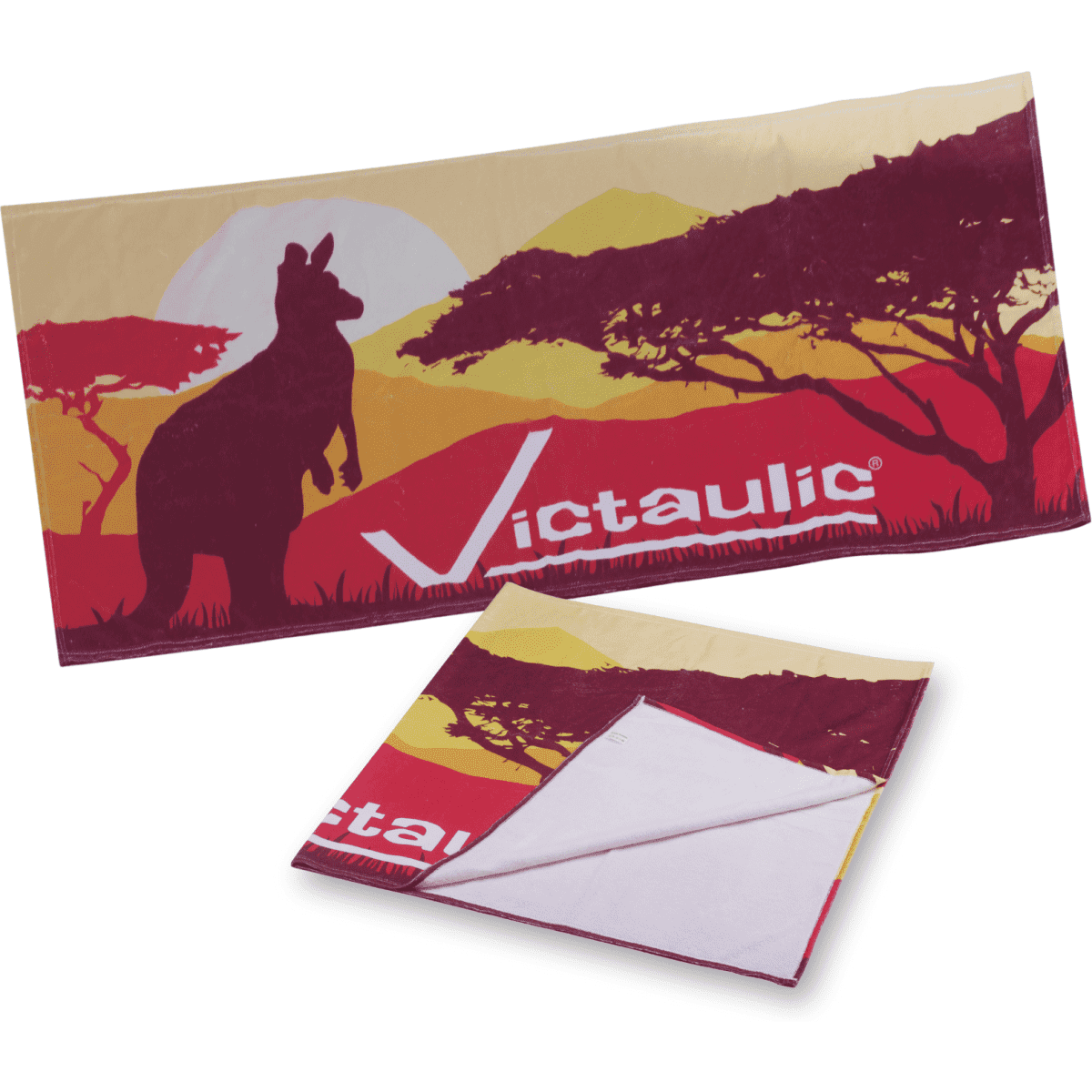 A sublimated beach towel featuring vibrant red, yellow, and orange colours with a kangaroo silhouette and a logo.