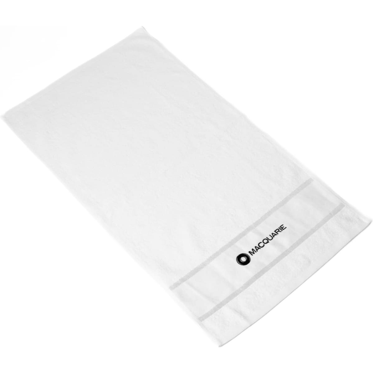 A white cotton gym towel featuring a logo. It is soft and suitable for leisure and outdoor activities.
