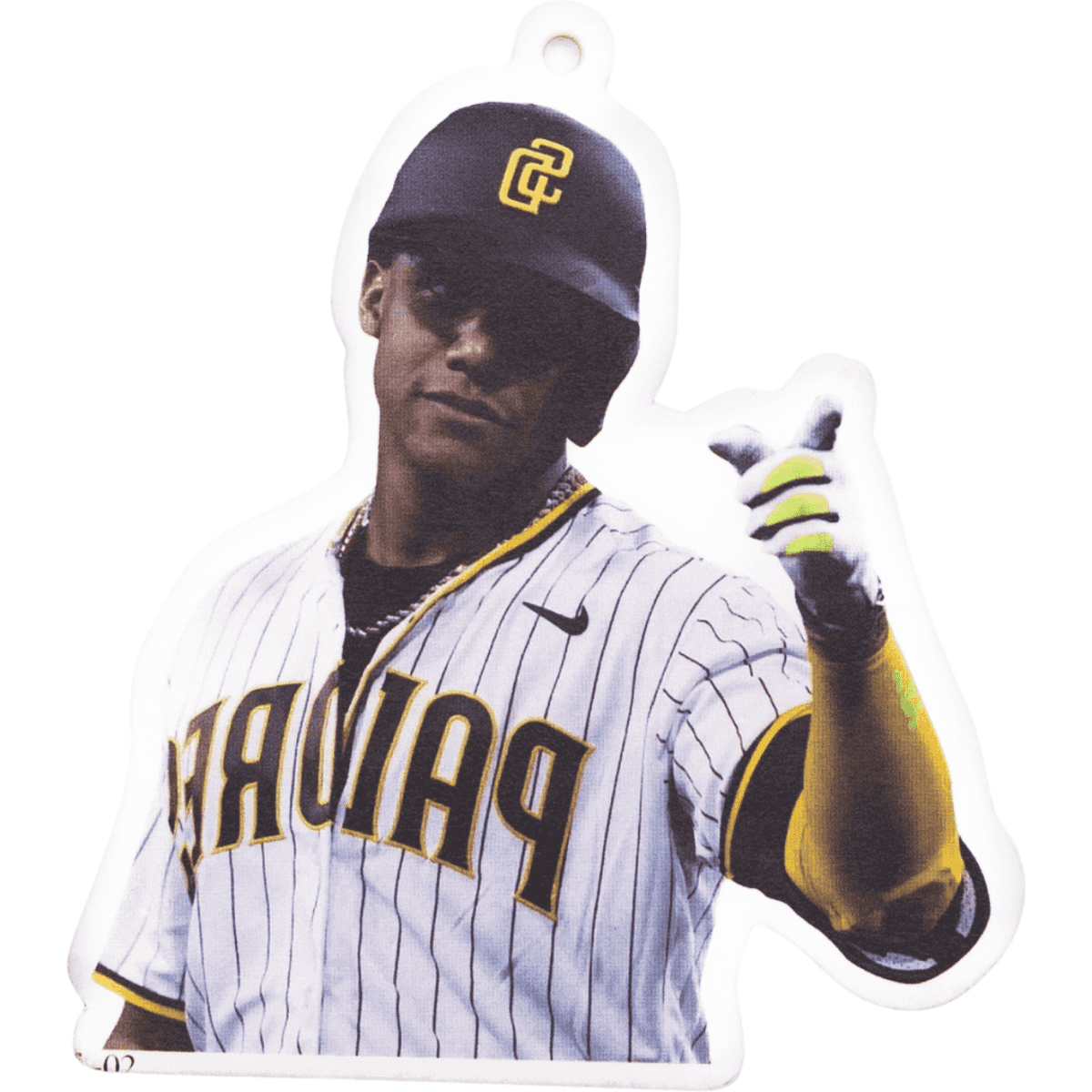 A custom air freshener shaped like a person in a striped baseball uniform with a branding logo, featuring yellow and black colours.