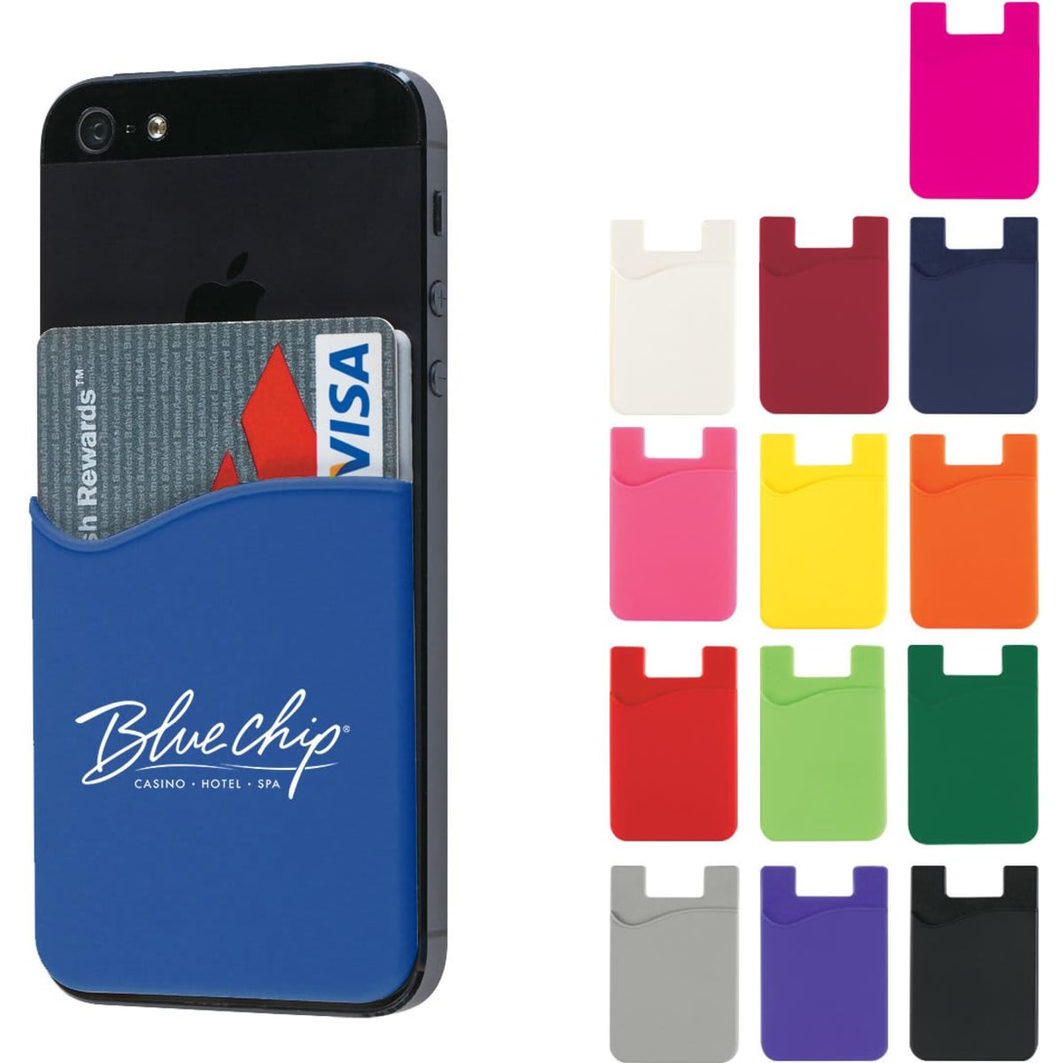 A blue silicone phone wallet with a logo, holding a card, alongside various coloured phone wallets in a grid layout.