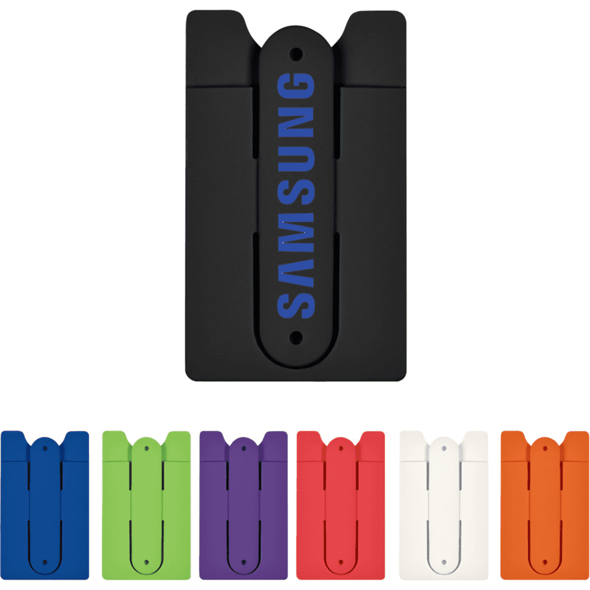 A phone wallet in black with a logo, accompanied by options in green, purple, red, white, and orange.