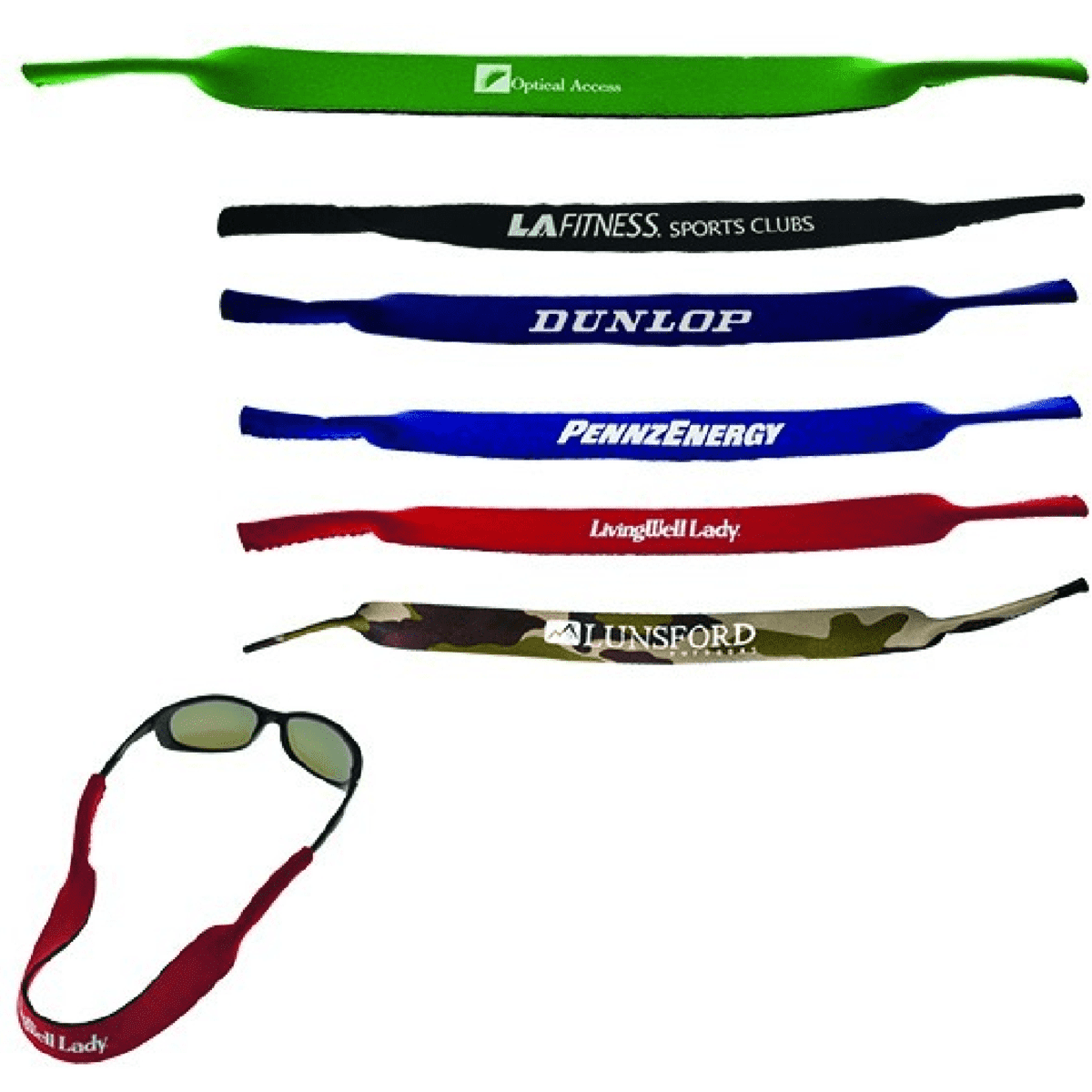 A selection of sunglasses straps in green, black, blue, red, and camouflage, featuring various logos.