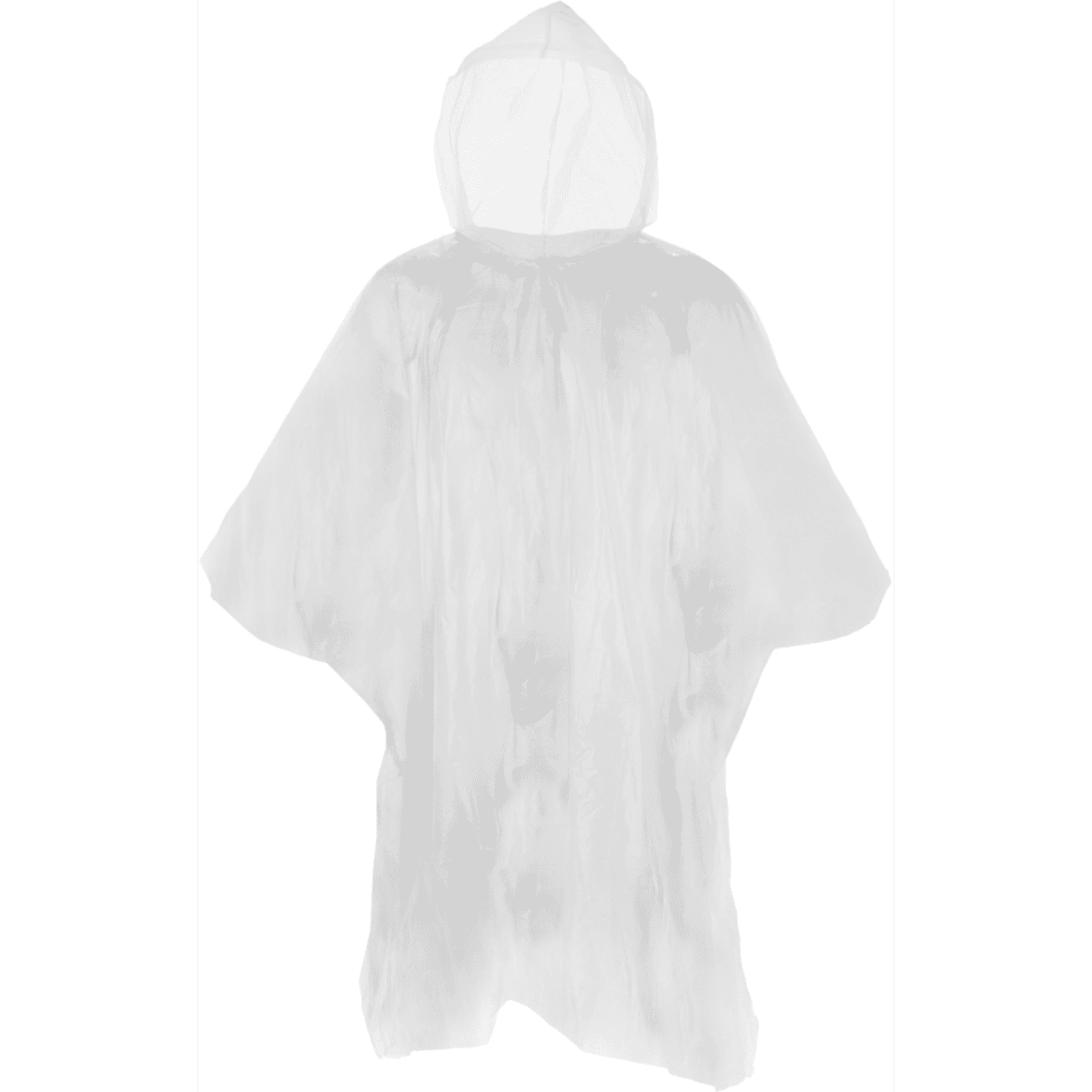 A clear rain poncho with a hood, featuring a loose-fitting design and lightweight material.
