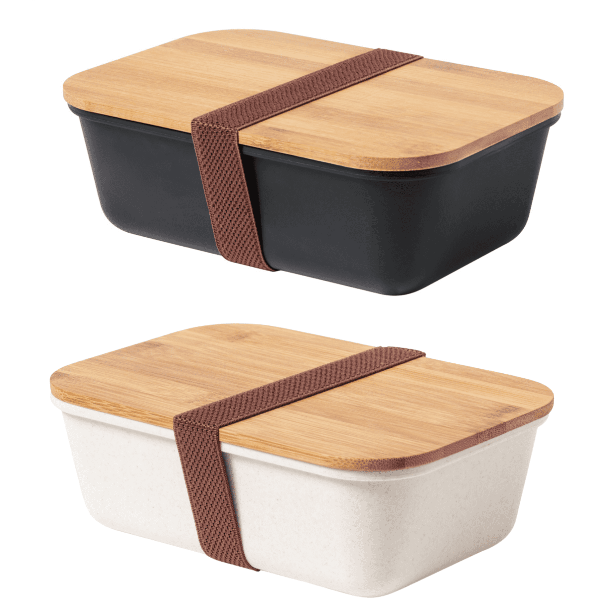 A black and a white lunch box with wooden lids, both secured with a brown elastic strap. Each has a sleek, modern design.