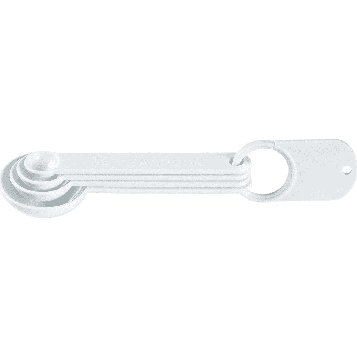 A set of four white measuring spoons, featuring different sizes, attached together with a ring.