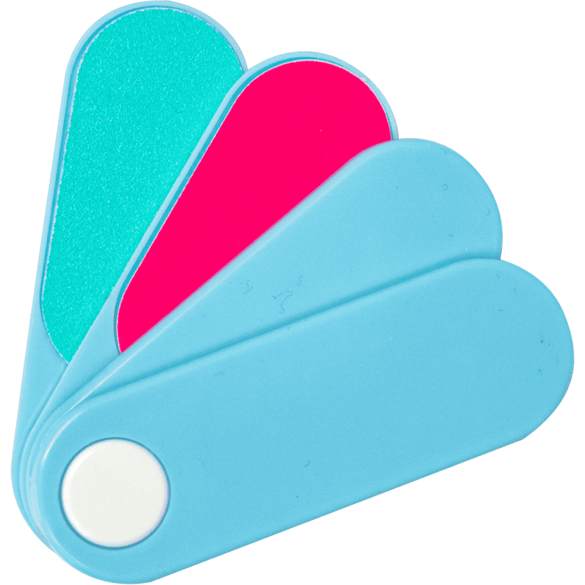 A swivel nail care kit featuring a blue case with three nail files in aqua, pink, and a glittery teal finish.