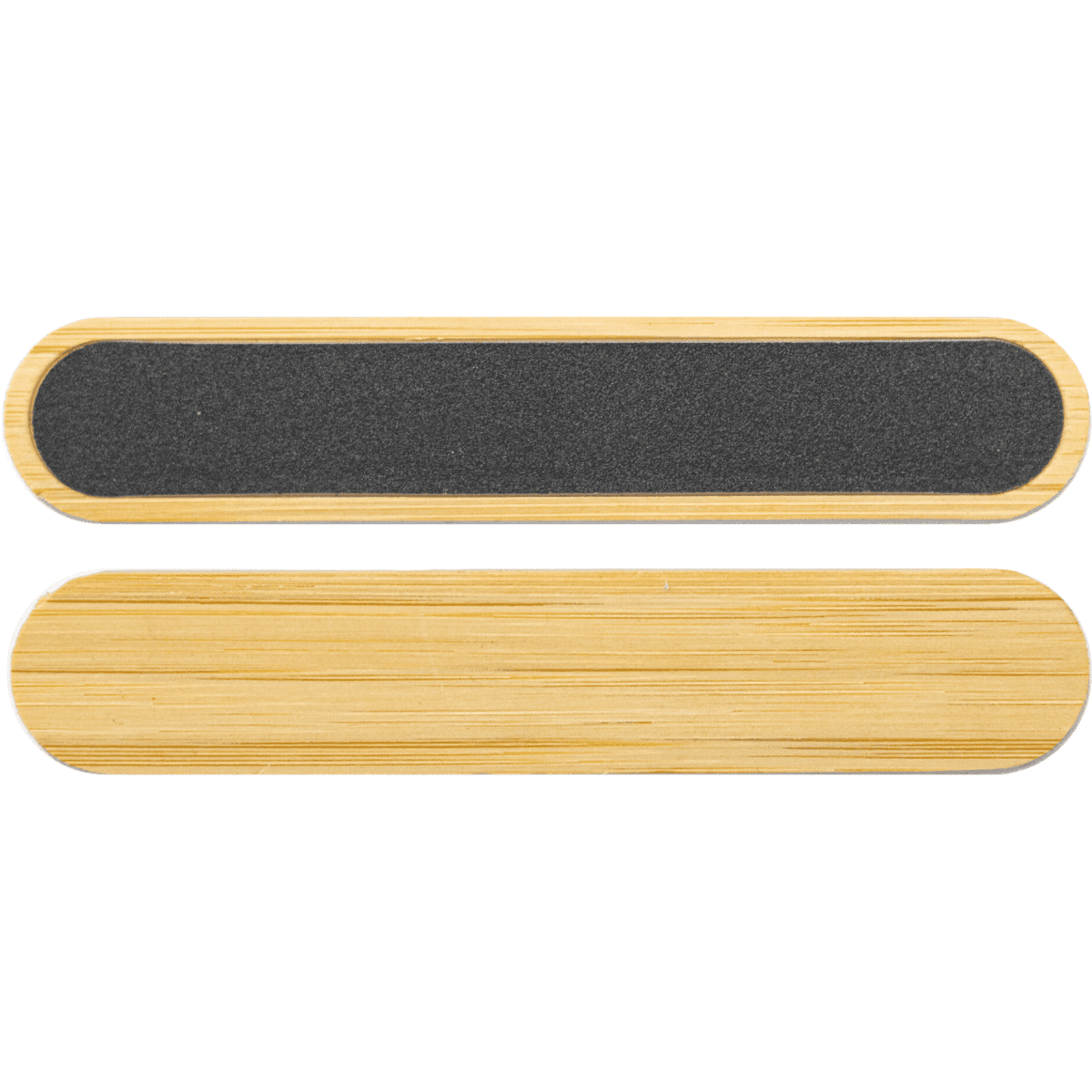 A bamboo nail file with a smooth bamboo surface and a textured black sanding side. It features a logo.