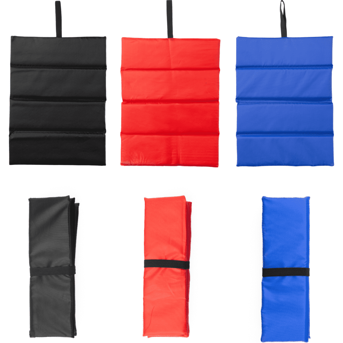 A collection of foldable chair cushions in black, red, and blue, featuring straps and a compact design for easy storage.
