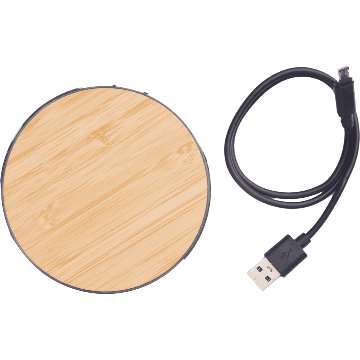 A round bamboo wireless charger in natural tones, accompanied by a black USB charging cable.