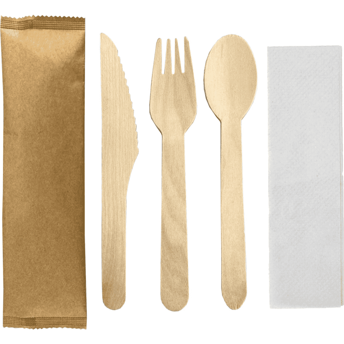 A set of four wooden cutlery pieces in natural wood colour, including a knife, fork, spoon, and a napkin, packaged together.