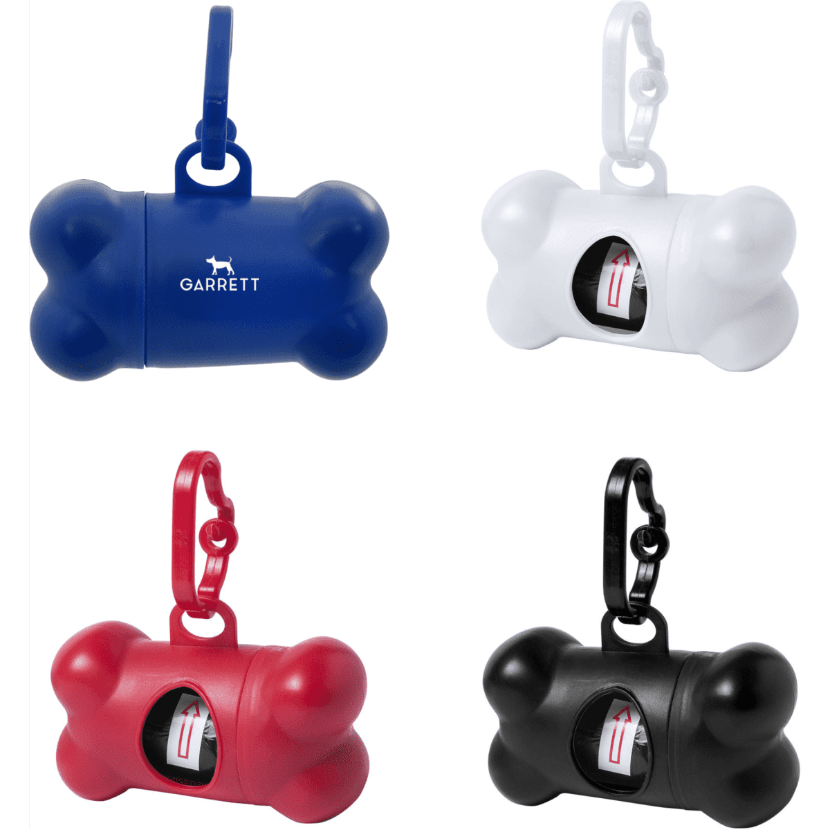 A collection of four bone-shaped dog waste bag dispensers in blue, white, red, and black, featuring a clip for attachment.