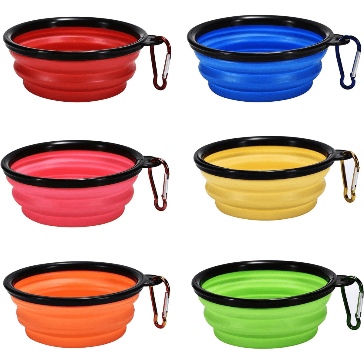 A set of six silicone collapsible pet bowls in red, blue, pink, yellow, orange, and green, each with a black rim and clip.